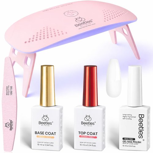 Beetles 5 Pcs White Gel Nail Polish Kit with U V Light, 10ML HEMA-Free White Gel Nail Polish Set Portable Manicure Kit with Base & Top Nails File Coat Soak Off Home Salon Gifts for Women Girls Teens