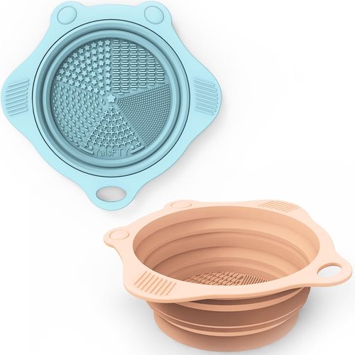 2PC Foldable Silicone Makeup Brush Cleaner Pad Bowls, YalsFTY Portable Mat Scrubber Cleaning Tool for Makeup Brushes (Khaki and Blue)