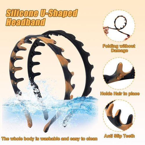 CUUCTGDA 2026 New U Shape Headbands for Women Non Slip,Fashion Accessories for Slicked Back Styles,Soft Stretchable Silicone Headband,Comfortable Comb Headband with Teeth 2 Pack（Tortoise & Black）