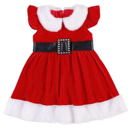 Springcmy Baby Girls Christmas Dress Velvet Santa Claus Dress Long Sleeve Plush Xmas Princess Party Cosplay Costume Dress (J-Red, 6-12 Months)