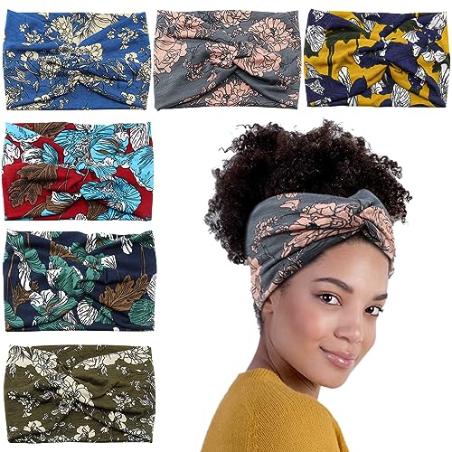 Carede Wide Headbands for Women Girls,Floral Printed Boho Headband Turban Knot Hairband Twist Workout Headbands Fashion Yoga Hair Bands,Pack of 6