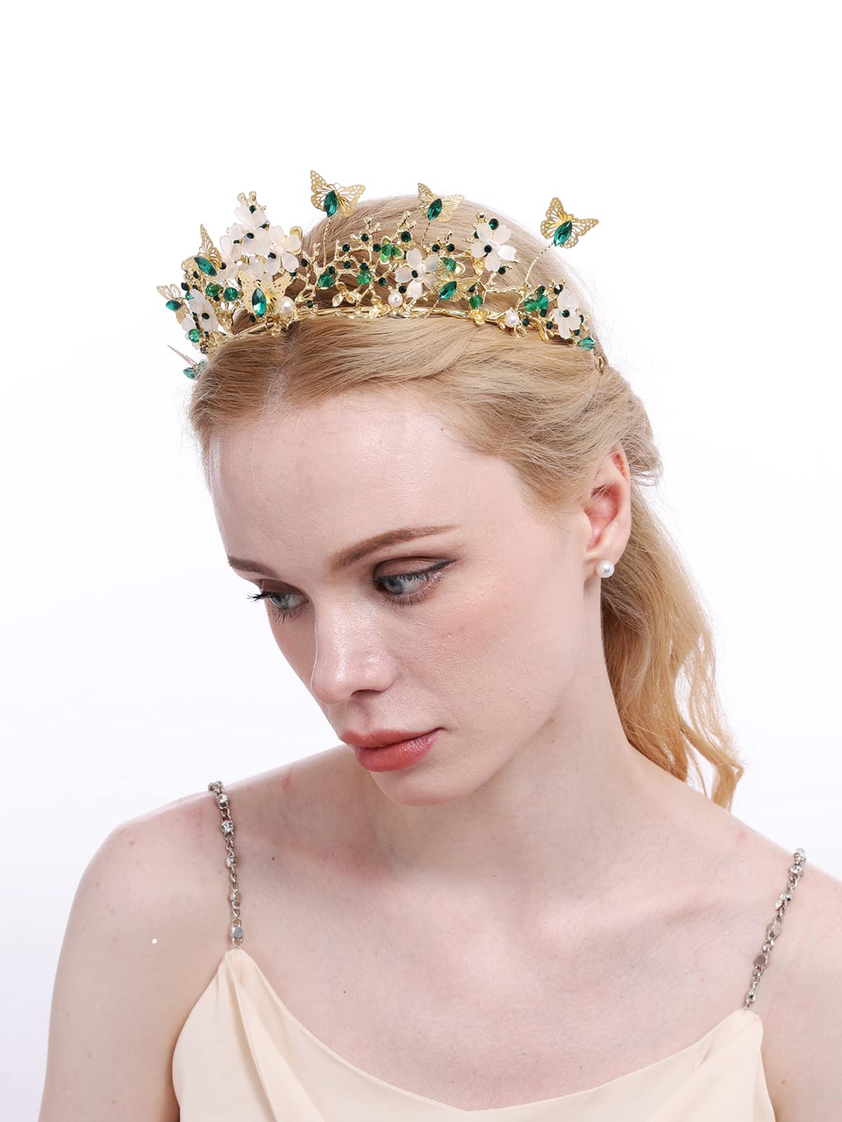 Brihasory Butterfly Queen Birthday Crowns Gold Tiaras for Bride, Crystal Royal Princess Wedding Rhinestone Headband, Costmue Party Christmas Halloween Black Prom Headpiece for Women and Girls (Green)