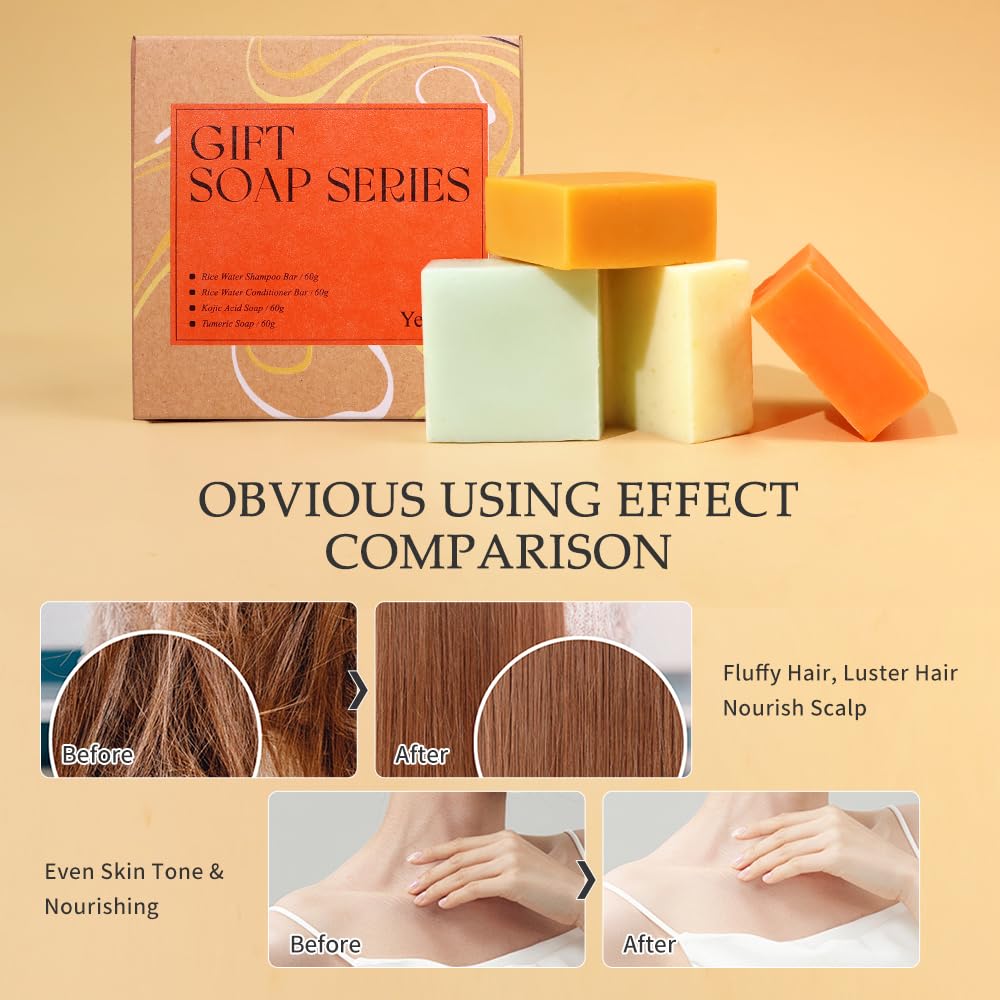 Yeokoe Turmeric Soap Bar & Rice Water Shampoo Conditioner Set - Deep Cleansing, Spa Gifts for Women