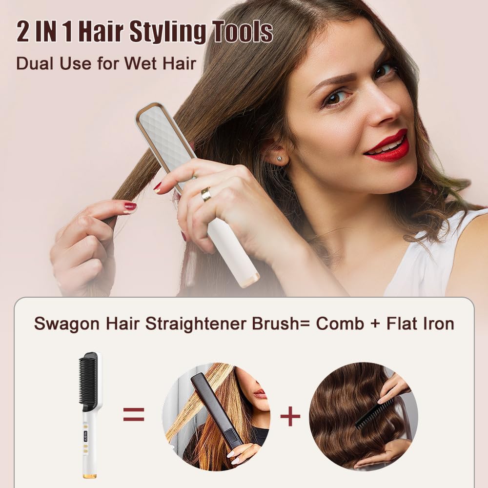 Swagon Anion Hair Straightener Brush,Negative Ion Hair Straightening Styling Comb,Hot Brush Ring Comb with LED Screen,Anti-Scald, Auto-Off, Fast Heating,30 Temp Settings for Home,Travel & Salon
