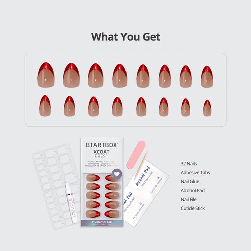 BTArtbox French Tip Press On Nails - Ruby Slipper, Lamp-Curable Red Cat Eye Short Almond Press On Nails with Glue and Adhesive Tabs for Women in 16 Sizes - 32 Soft Gel Glue On Nails Kit