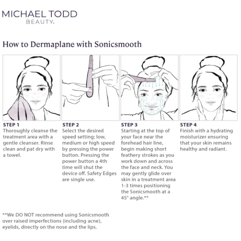 Michael Todd Beauty - Sonicsmooth - Dermaplane Razor for Women Face - SONIC Technology Dermaplaning Tool - 2 in 1 Women’s Facial Exfoliation & Peach Fuzz Hair Removal System- 8 Weeks of Safety Edges