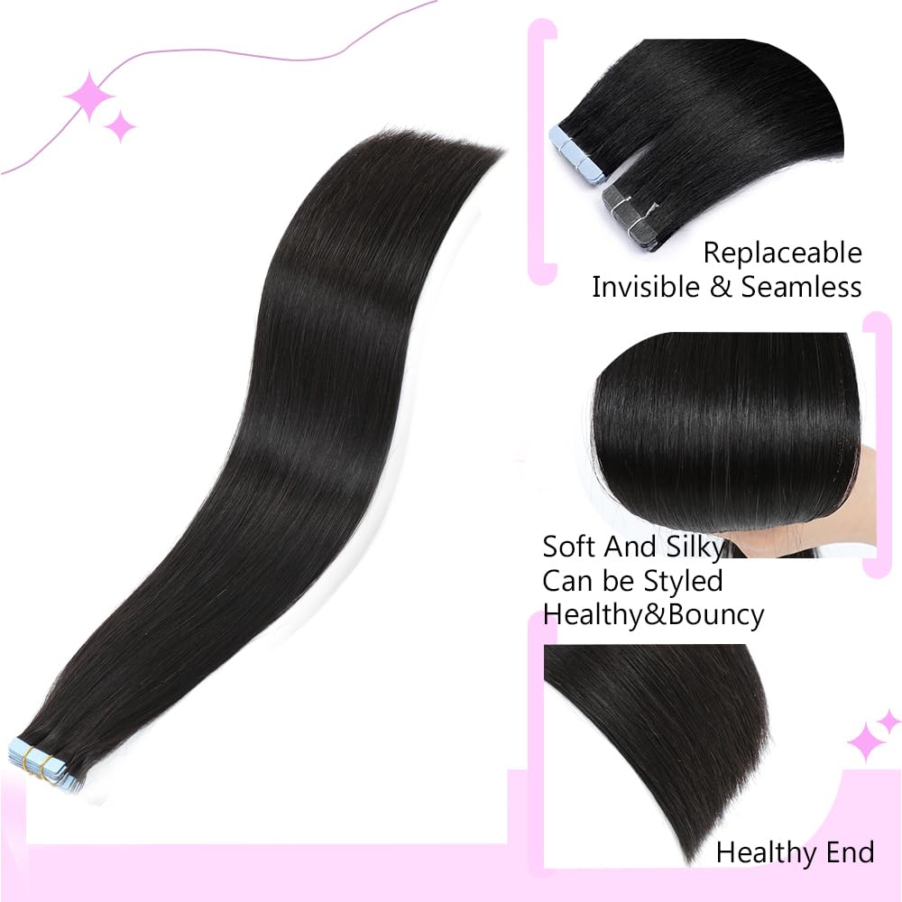 ELFSECRET Human Hair Tape In Hair Extensions Natural Black Color Seamless Invisible PU Skin Weft Tape in 100% Real Human Hair Silky Straight Hair Extensions Soft Thick End (18 Inch, #1B Natural Black)