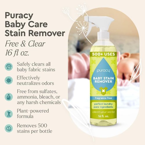 Puracy Stain Remover - Enzyme-Based Natural Cleaner for Baby Clothes & Diapers | 16 Oz