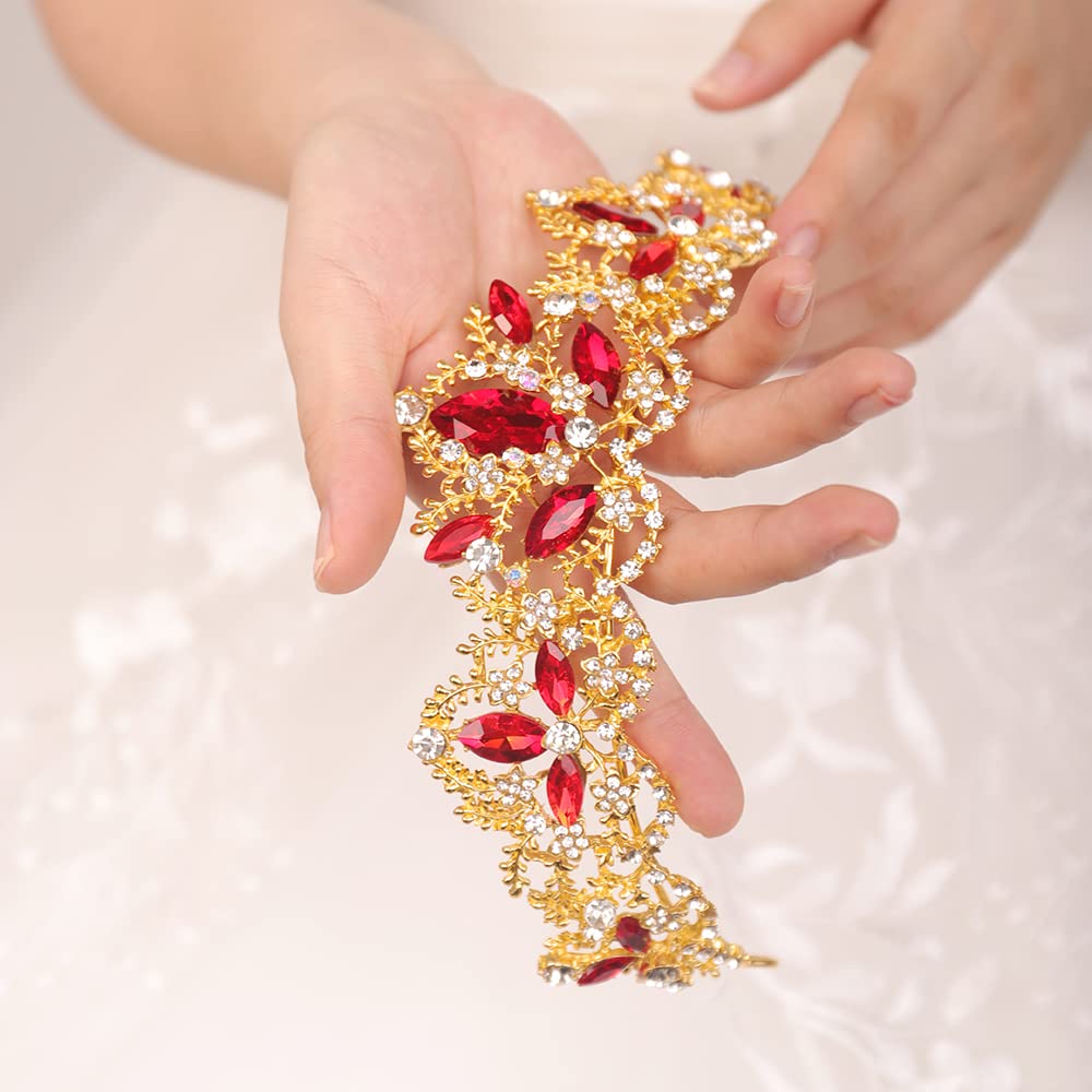 JWICOS Gold Tiara and Crown for Women Red Gem Crown Rhinestone Queen Headband for Wedding Crystal Wedding Hair Accessories for Bachelor Party Pageant Prom Halloween Costume