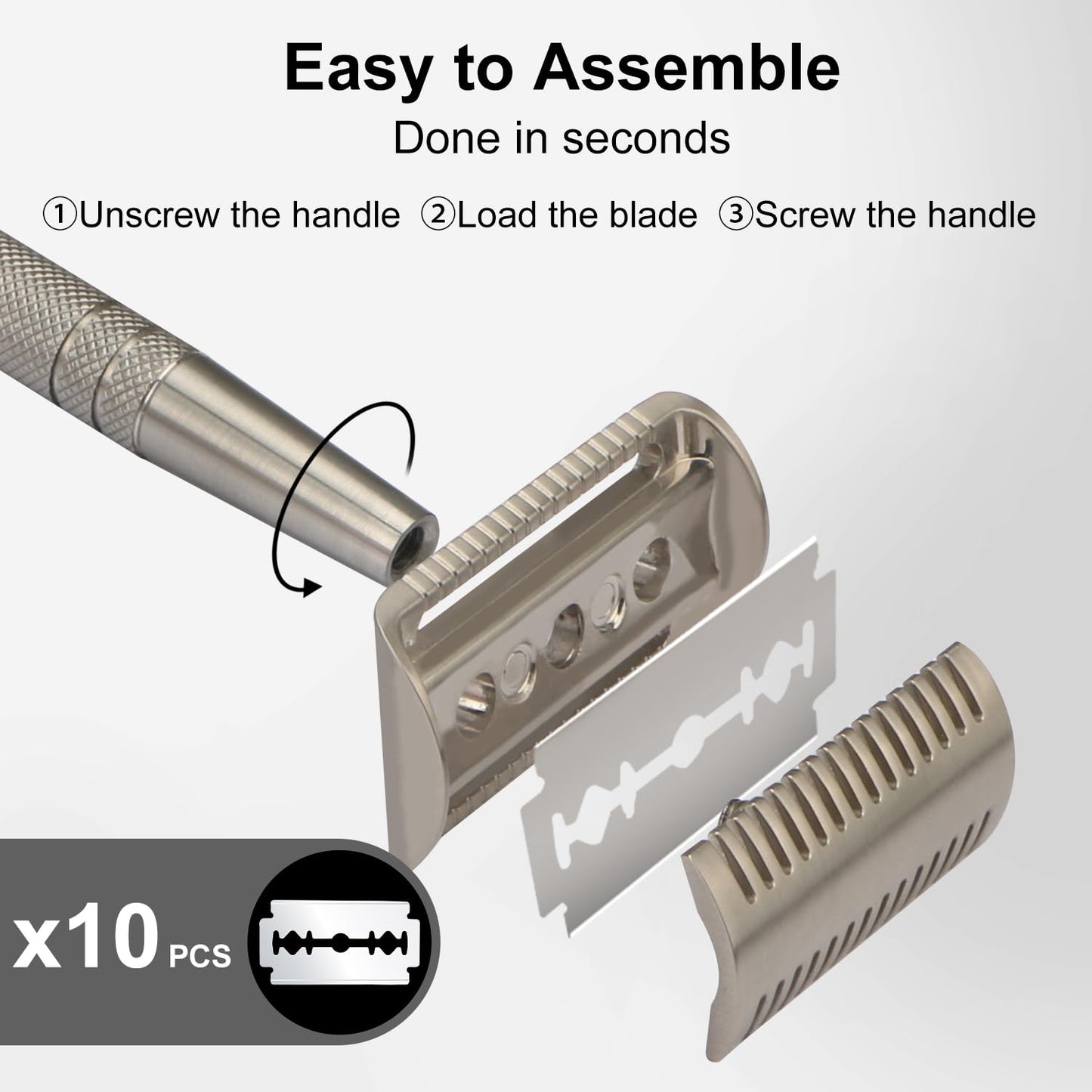 Stainless Steel Safety Razor - Single Blade Design for Men | Includes 10 Double Edge Blades, Heavy-Duty Handle, Smooth Shave, Silver Finish