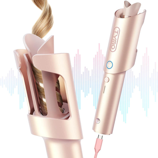 TYMO Cordless Automatic Curling Iron - 1 Inch Rotating Curling Wand for Beach Waves | Portable & Rechargeable, Tangle-Free, Gold Blush