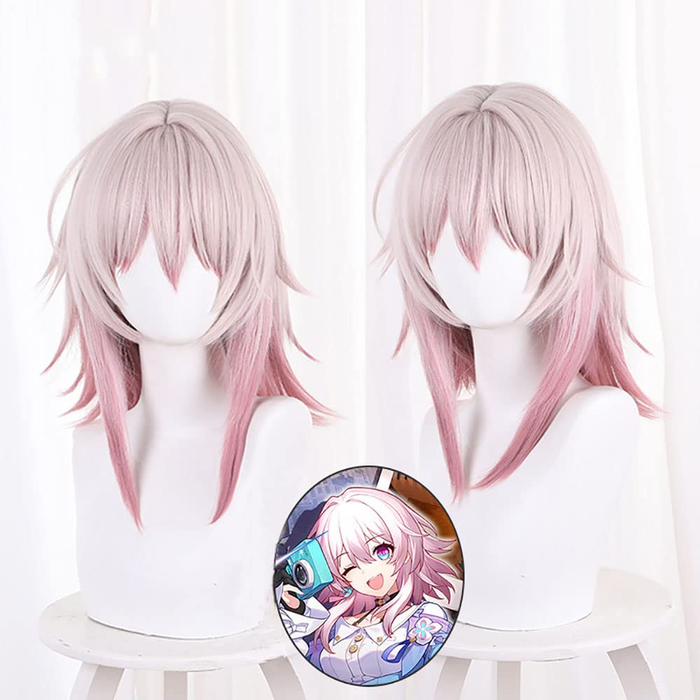 XiongXiongLe Cosplay Game Honkai Star Rail March 7th Wig Grey Pink Gradient Cherry Pink Upturned Medium Long Hair Replacement Wigs for Women Girls Cos Party Halloween Christmas(March 7th)