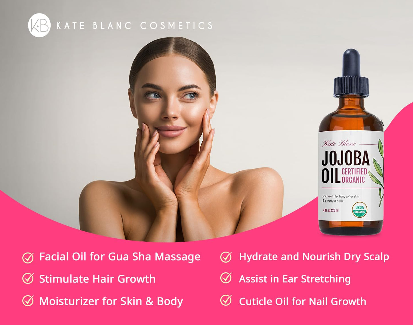 Kate Blanc Cosmetics Jojoba Oil for Hair Growth, Face & Skin. Gua Sha Oil for Face Massage and Dermaplaning (4oz, Organic, 100% Pure, Natural)