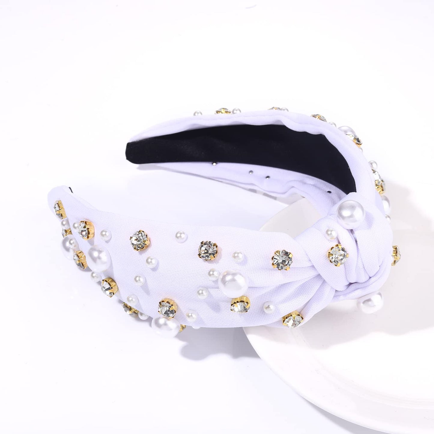 GLBCC Pearl Headband Sparkly Rhinestone Pearls Knot Hairband Wide Knotted Headband Headpiece Spring Summer Pink Black Headbands Headwear Accessories (white knot hairband)