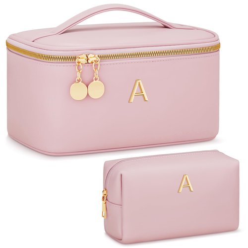 CLOUDWINGS Personalized Initial Makeup Bag Gifts for Women, Large Travel Cosmetic Organizer with Handle & Divider, PU Leather Toiletry Bag for Girls, Birthday Bridesmaid Gift Set - Pink - A