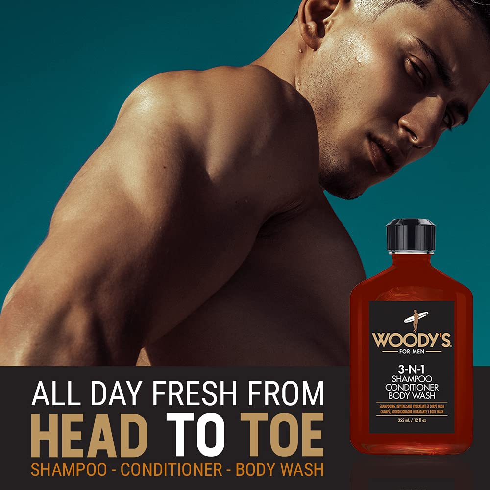 Woody's 3-in-1 Shampoo | Conditioner & Body Wash for Men - Travel-Size All-in-One Cleanser, 12 fl oz