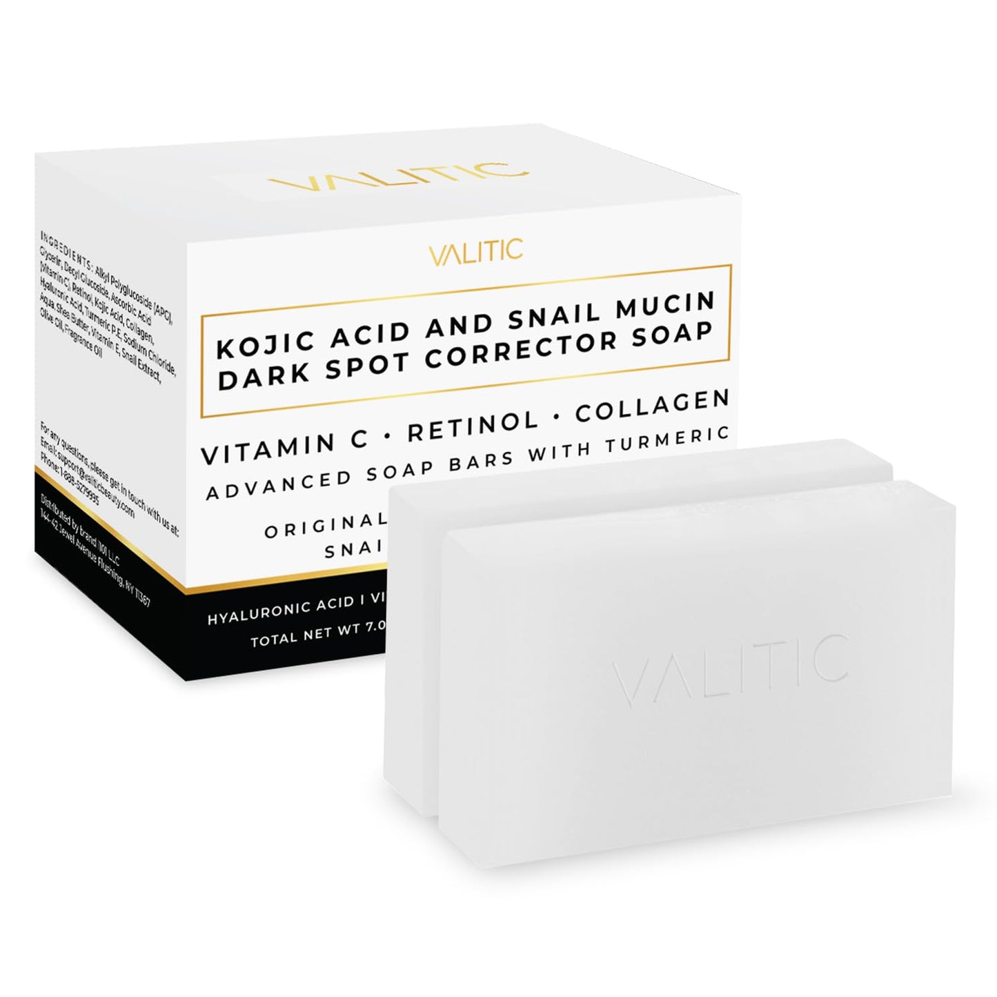 VALITIC Snail Mucin Cleanser Soap Bar - Turmeric & Kojic Acid Dark Spot Corrector | Anti-Aging Hydration - 2 Pack
