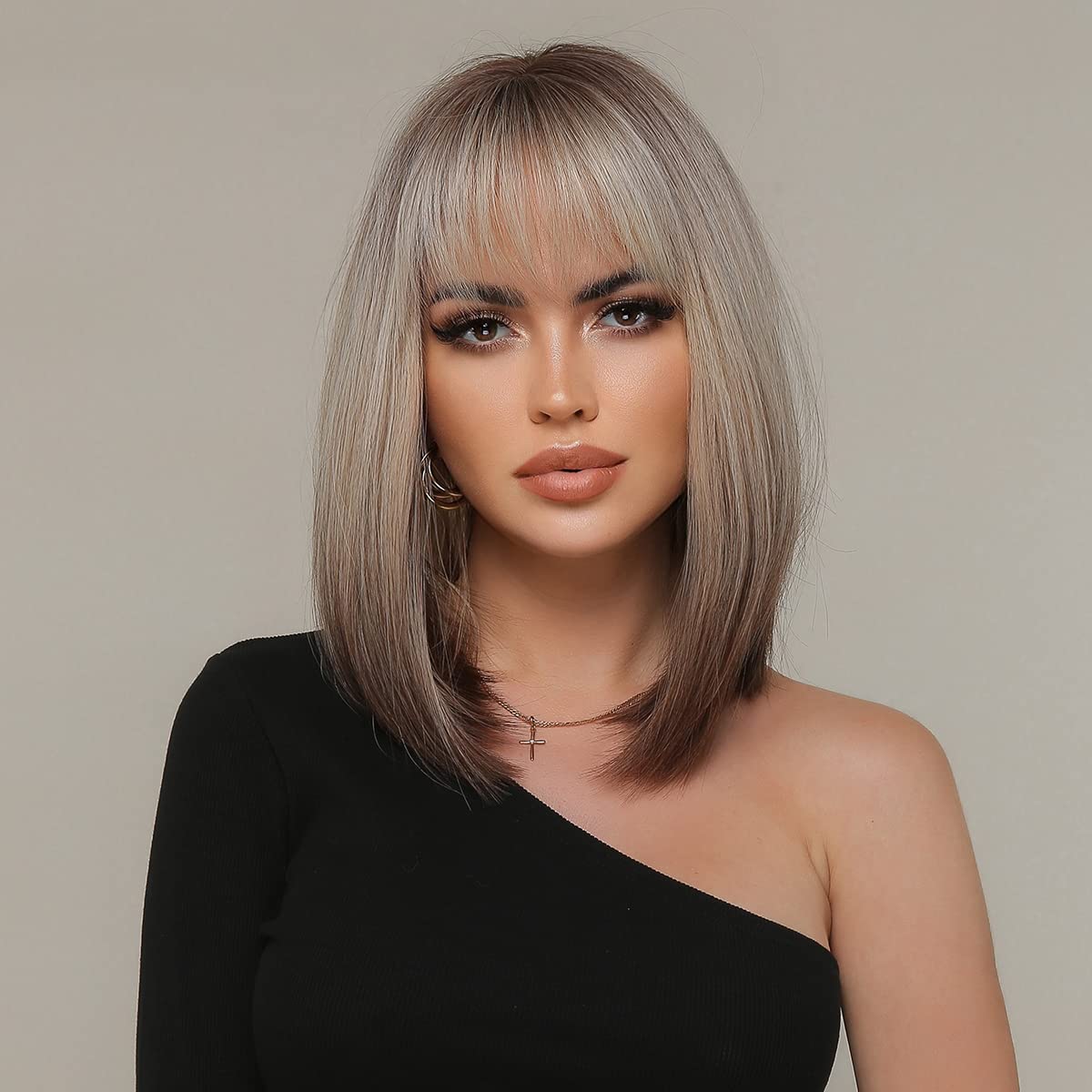 BERON Brown Blonde Ombre Wig for Women Ombre Brown Blonde Bob Wig Short Straight Brown Blonde Ombre Wig with Bangs Dark Roots Gray Synthetic Heat Resistant Wig Cap Included