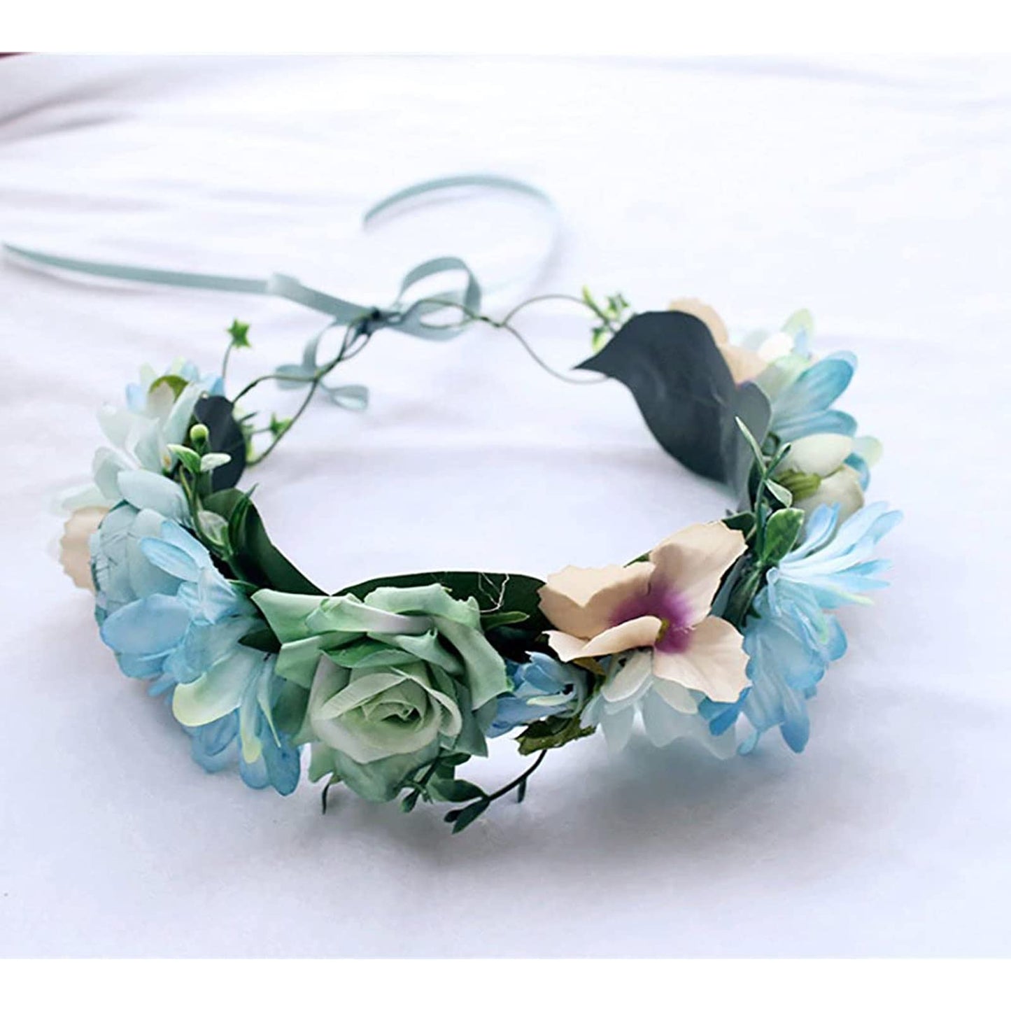 YnimioAOX Handmade Adjustable Flower Wreath Headband Halo Floral Crown Garland Headpiece,ZB26-light blue