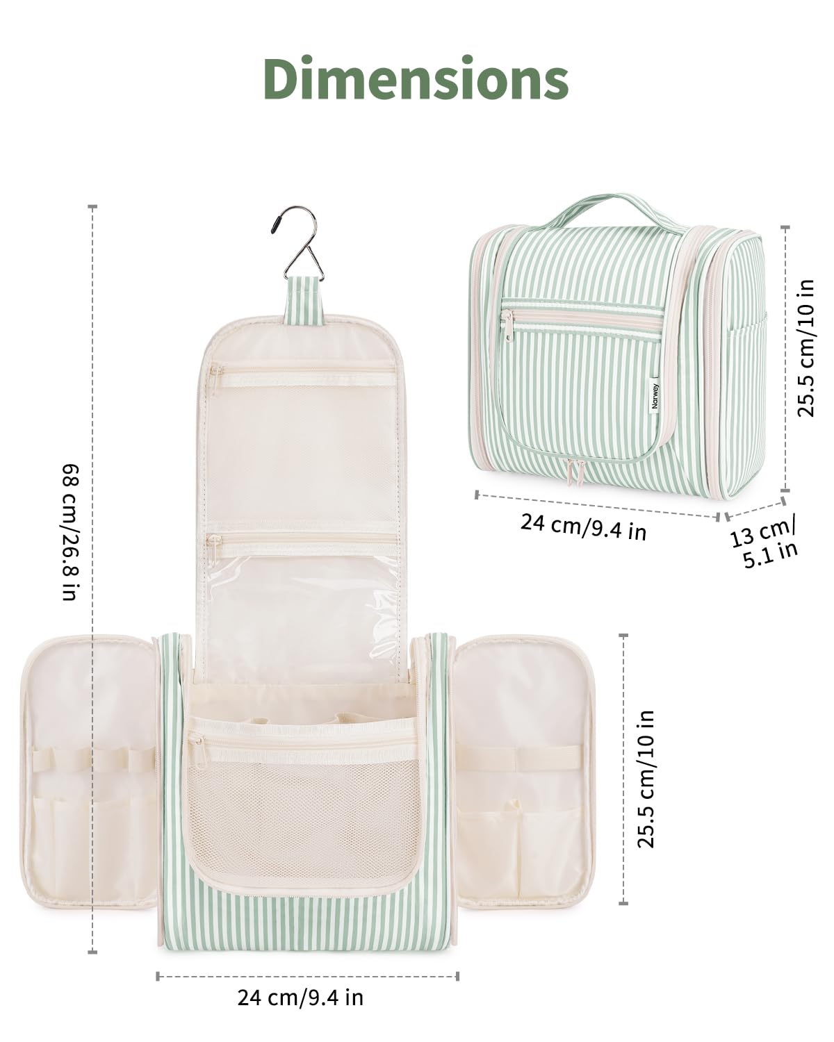 Narwey Striped Hanging Travel Toiletry Bag for Women, Travel Bag for Toiletries, Makeup Bag Organizer Cosmetic Bags Make Up Bags for Women (Mint Green Stripe)
