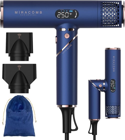 MIRACOMB Foldable Travel Hair Dryer - Powerful Ionic Blow Dryer with Brushless Motor, Lightweight & Portable