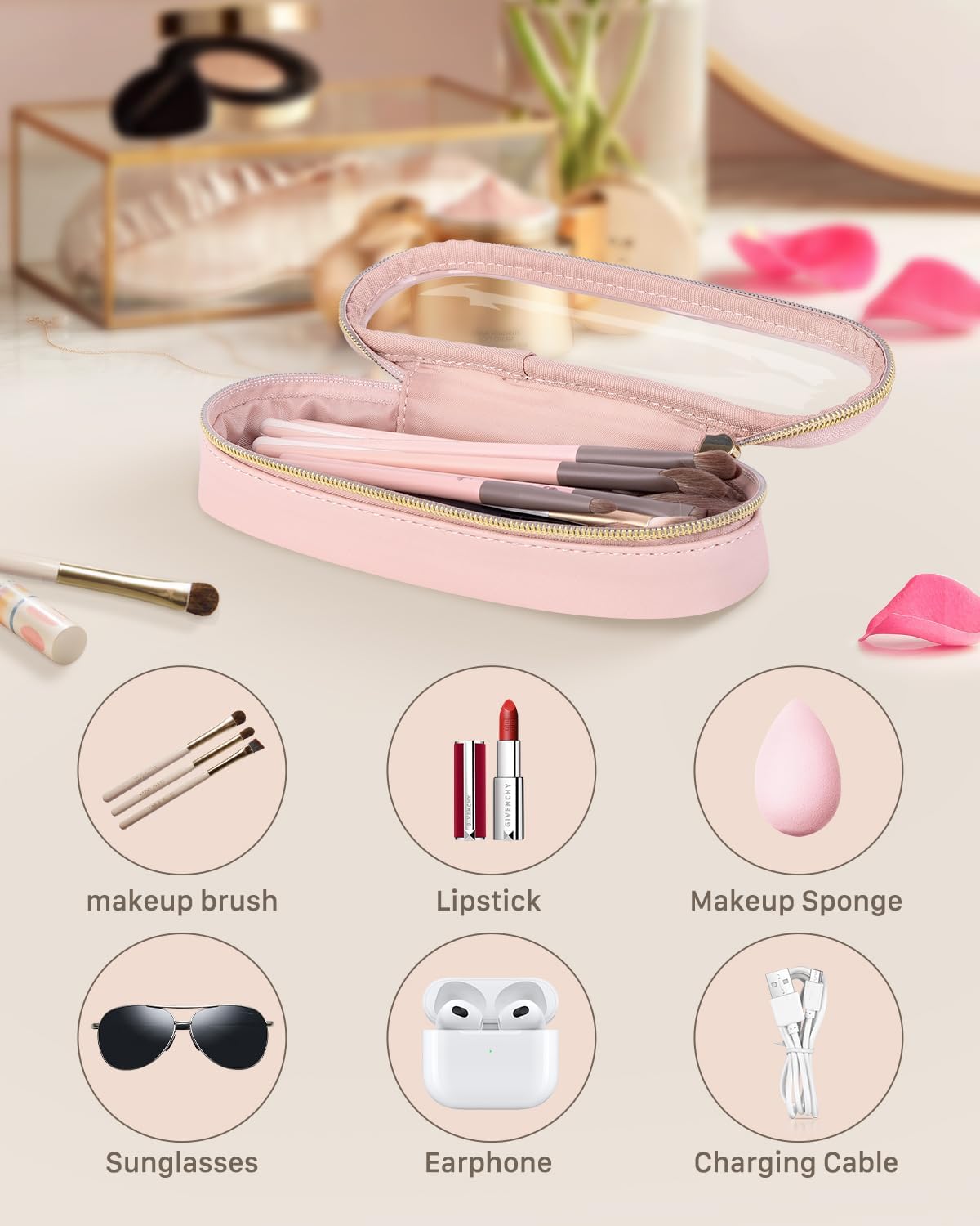 Soimeat Clear Travel Makeup Brush Holder - Large Pink Waterproof Cosmetic Case