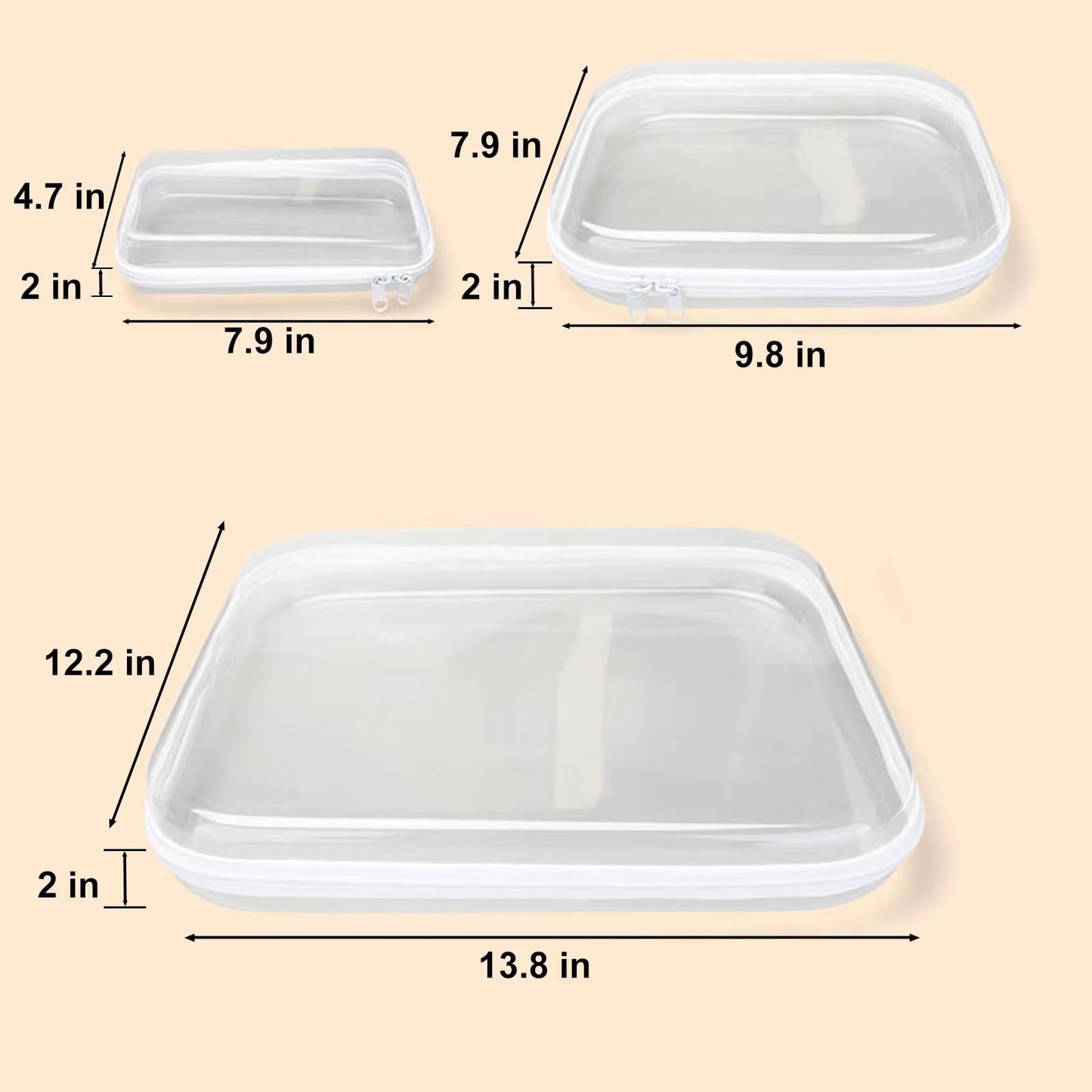 Calantre 3PCS Clear Zipper Cases, Portable Clear Organizer Pouches for Travel, Double Zippered Hard Shell Plastic Pencil Case, Cosmetic Bag for Make Up Tools, Toiletries, Toy Storage