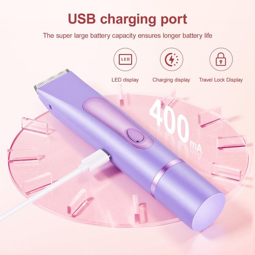 Bikini Trimmer for Women, 2 in 1 Dual Head Electric Shaver, Ceramic Blade, IPX7 Waterproof, LCD Display, USB Rechargeable Cordless Wet/Dry Painless Hair Removal for Face, Body & Bikini Line (Violet)
