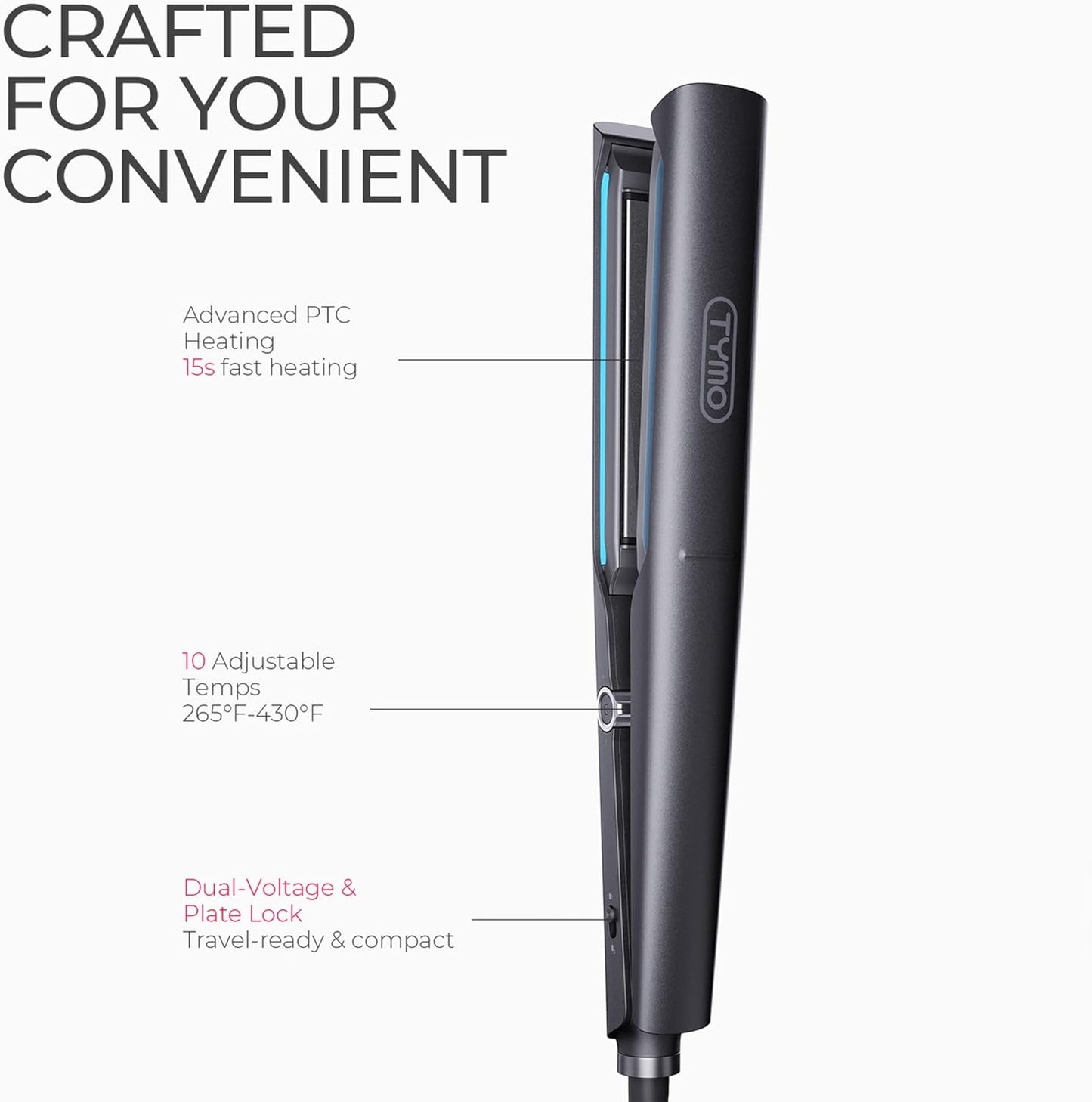 TYMO 2.0 Flat Iron Hair Straightener - 1” Ceramic 2-in-1 Curler for Fast, Smooth Styling, Black