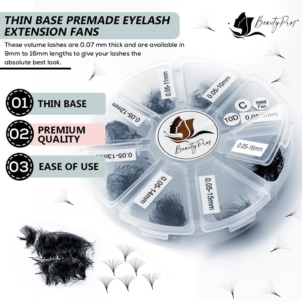 BeautyPros 5D Premade Volume Lash Extension Kit- 5D Mixed Tray 500 Premade Fans Eyelash Extensions - Premade Lash Fans Pointed Handmade Premade - Loose Fans Thin Base (5D-0.07 C-Curl 9-16mm Yellow)