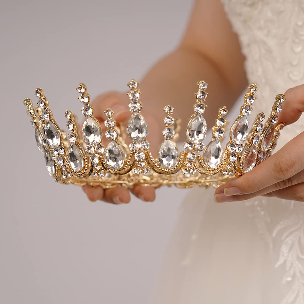 JWICOS Gold Tiaras and Crowns for Women Round Crystal Queen Crowns for Women Princess Tiara with Rhinestone for Girls Wedding Crown for Prom Bridal Party Christmas Gifts (Gold)