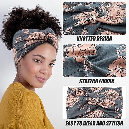 Carede Wide Headbands for Women Girls,Floral Printed Boho Headband Turban Knot Hairband Twist Workout Headbands Fashion Yoga Hair Bands,Pack of 6