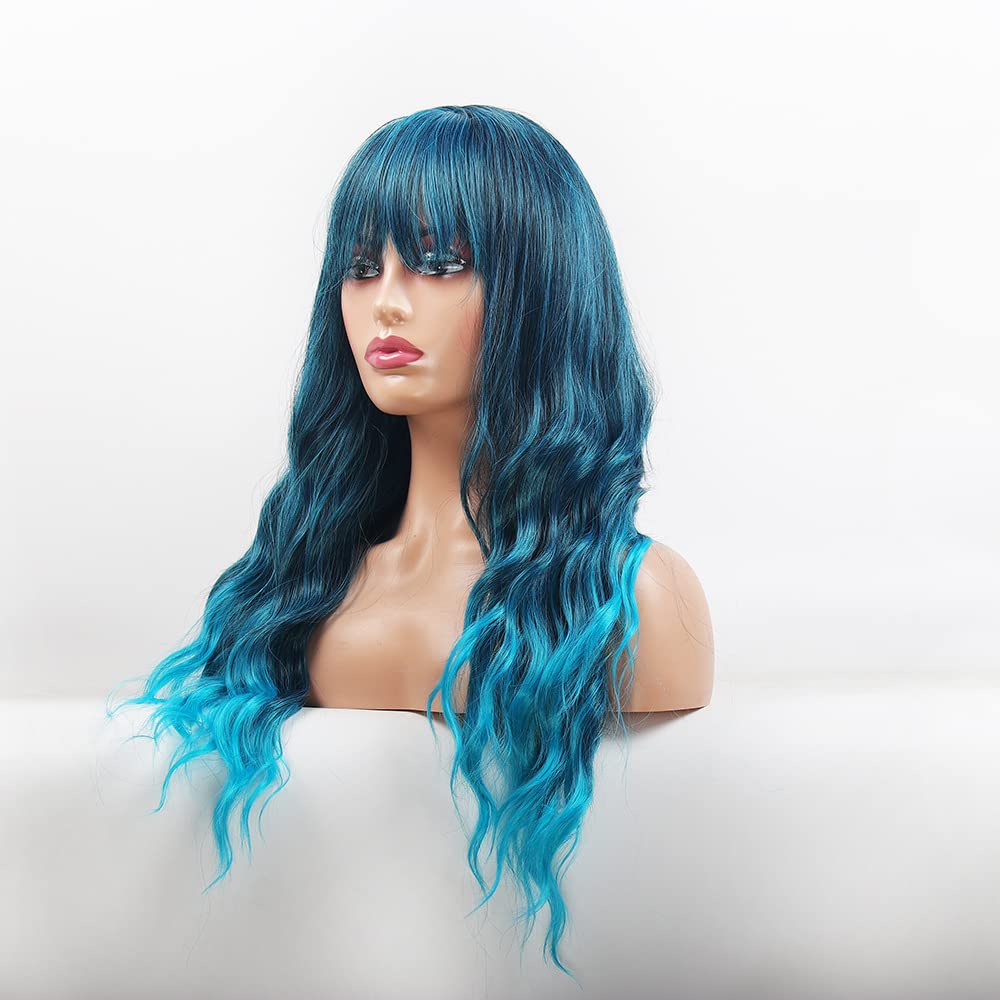 Sharebeauty Synthetic Women Natural Wavy Curly Full Wig with Straight Bangs Ombre Blue