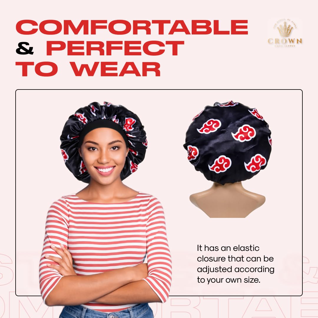 Red Black Cloud Large Bonnet - Silky Design Satin Bonnet with Elastic Soft Band African Head Wrap for Women
