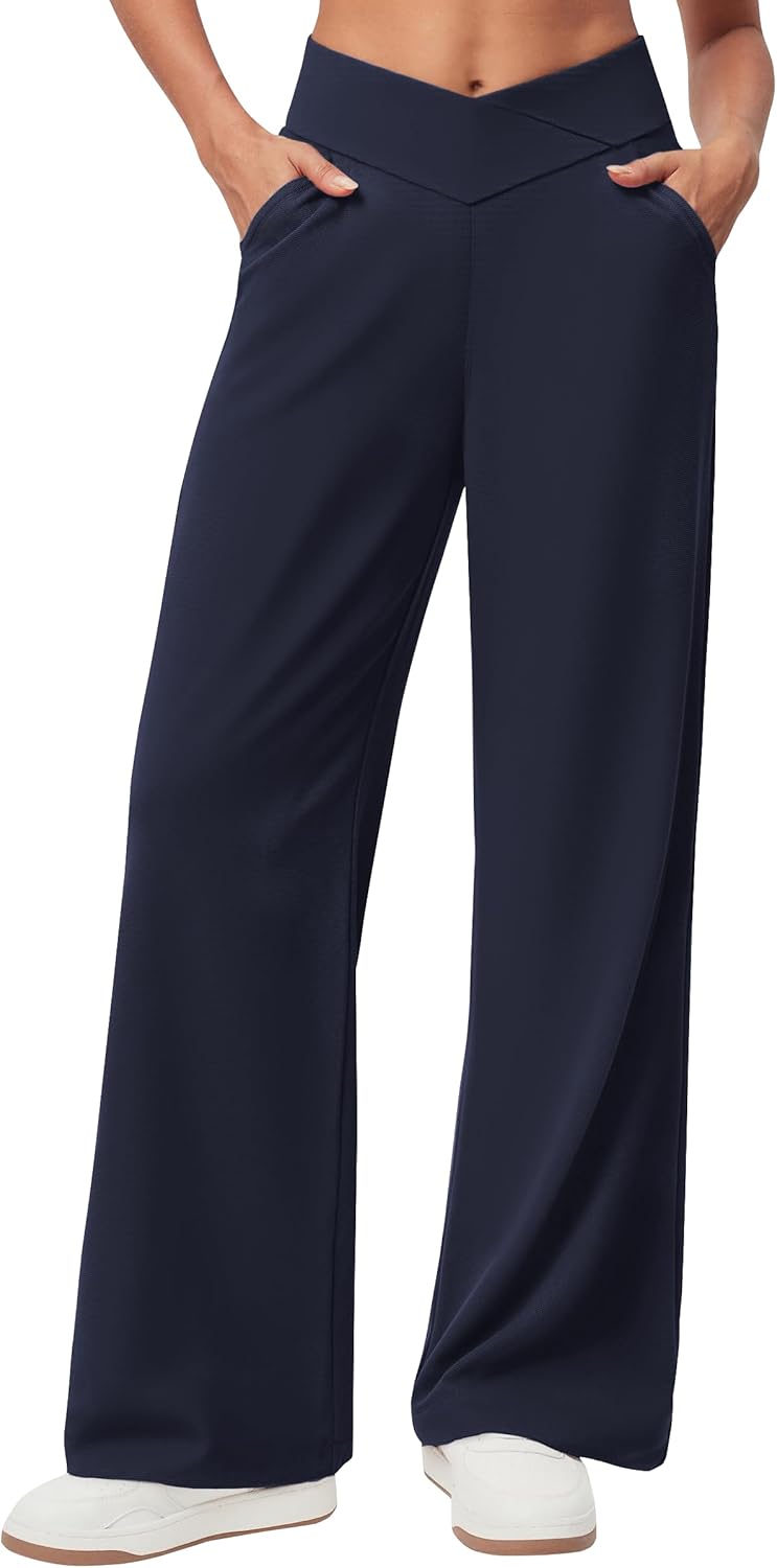 SEMARO Women's Wide Leg Dress Pants - Crossover High Waist Stretch Trousers with Zipper Pocket | Navy