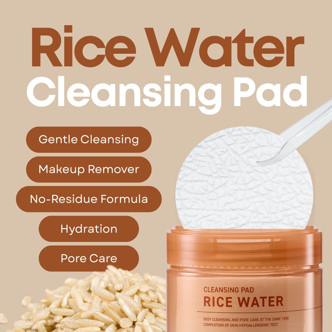 Skiennix Rice Water Cleansing Pads - Exfoliating Makeup Remover & Toner with Centella Asiatica | 50 Pads