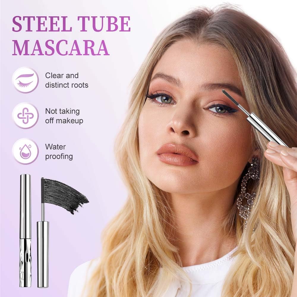 Skiennix Metal Wand Mascara - Waterproof Tubular Eyelash Primer for Long-Lasting, Smudge-Proof Lashes (Black + Brown)