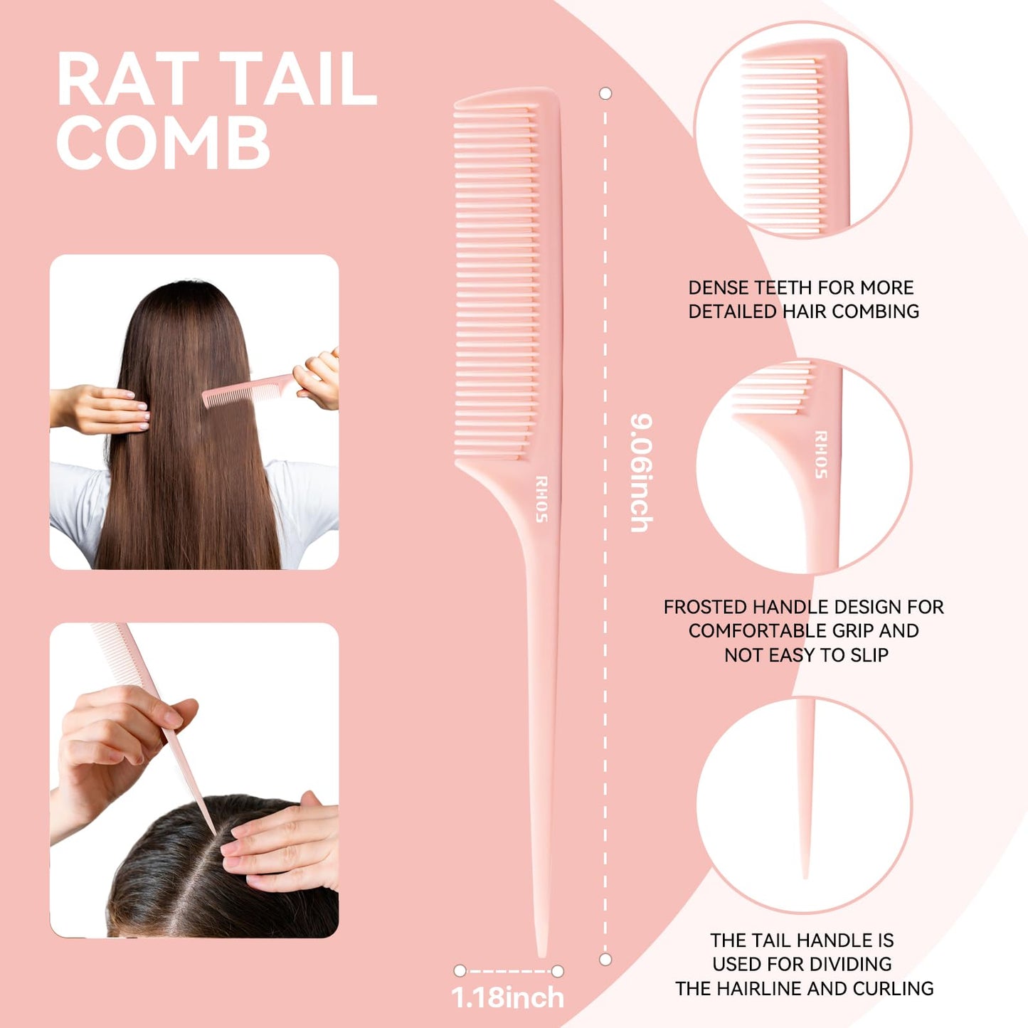 RHOS 3 Pieces Hair Comb Set for Women,Men-Wide Tooth Comb,Fine Tooth Rat Tail Comb,Medium Tooth Comb-Detangling Hair Combs for All Hair Types,Hair Styling Comb Set(Pink)