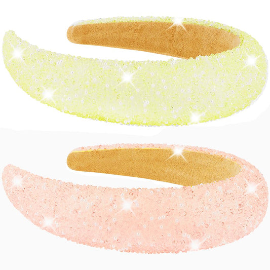 AHONEY 2 Pack Rhinestone Headband for Women Girls, Glitter Sequin Beaded Pearls Padded Headbands for Women Prom Christmas Sparkly Hair Bling Birthday Hair Accessories (Yellow&Orange)