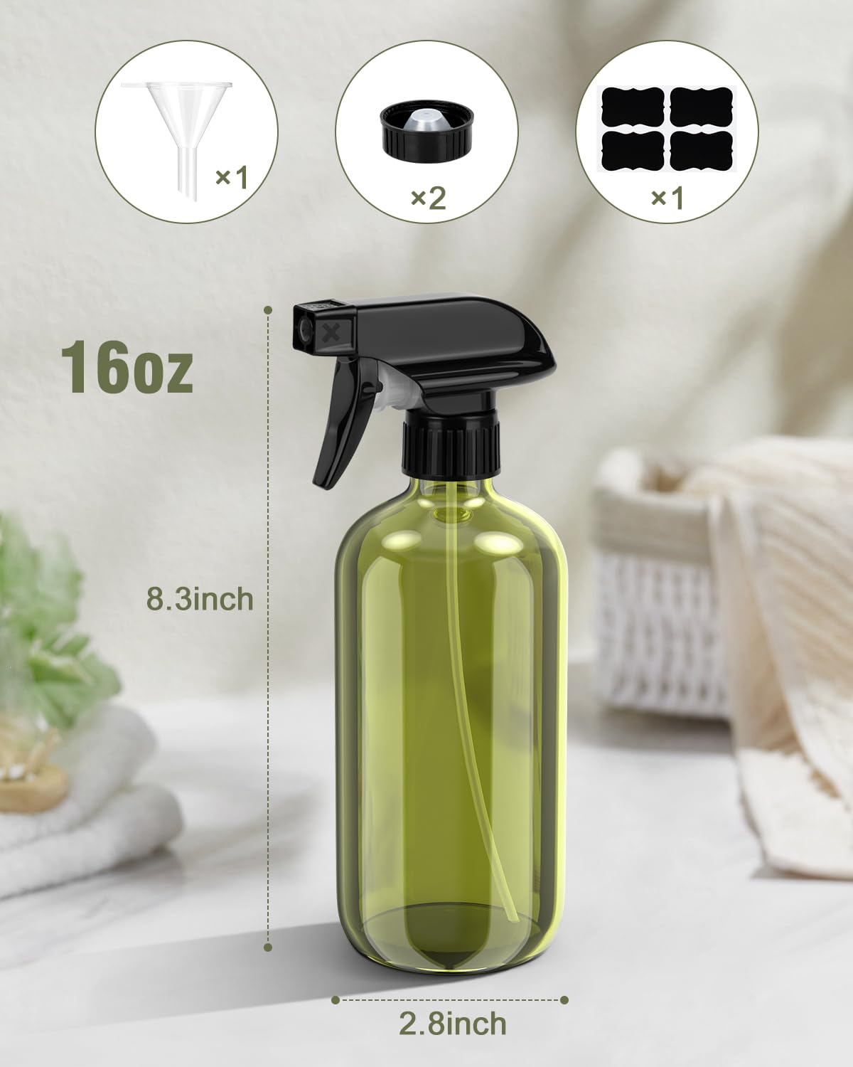 Glass Spray Bottle, Olive Green Glass Spray Bottle Set & Accessories for Non-toxic Window Cleaners Aromatherapy Facial Hydration Watering Flowers Hair Care (2 Pack/16 oz)