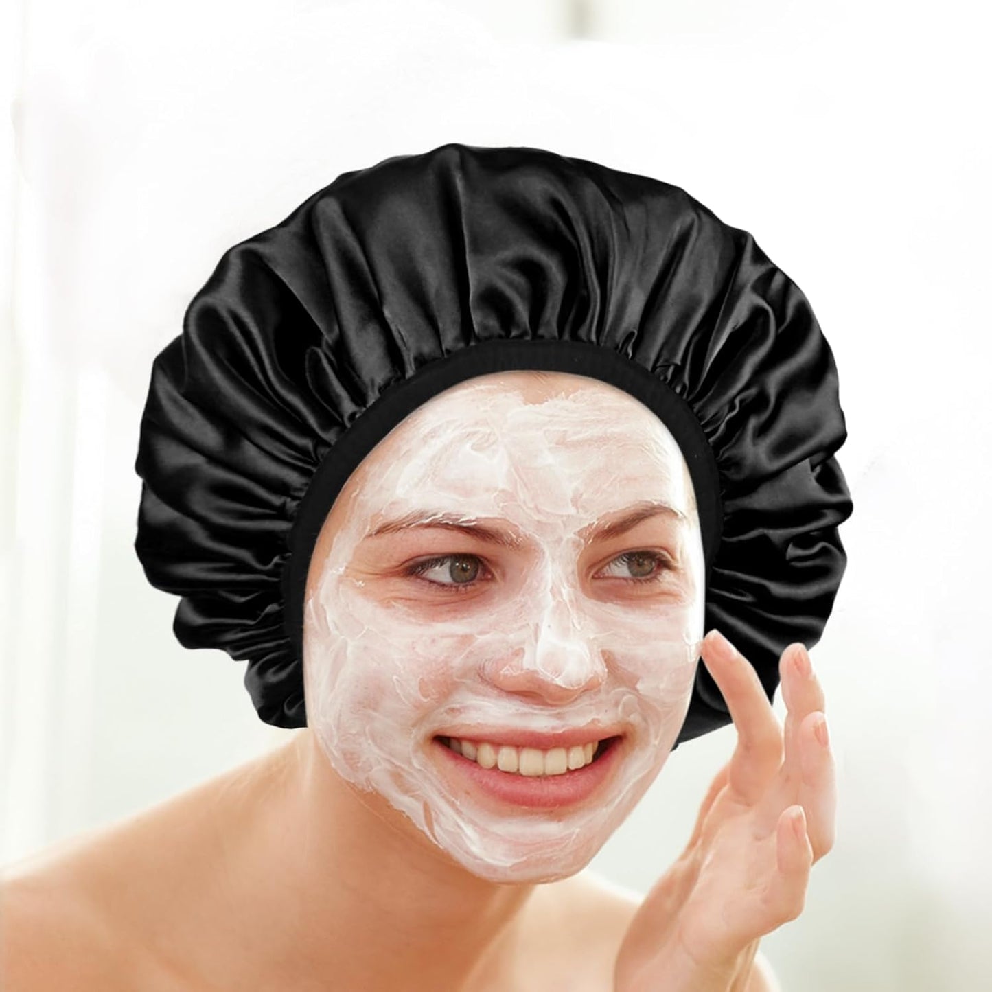 Skiennix Satin Shower Cap - Three-Layer Terry Cloth Lined, Waterproof & Reusable for Long Hair (Black)
