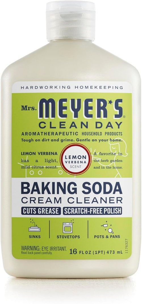 Mrs. Meyer's Clean Day Baking Soda Cream Cleaner - Scratch-Free Polish, Cuts Grease, Lemon Verbena, 16 Fl Oz