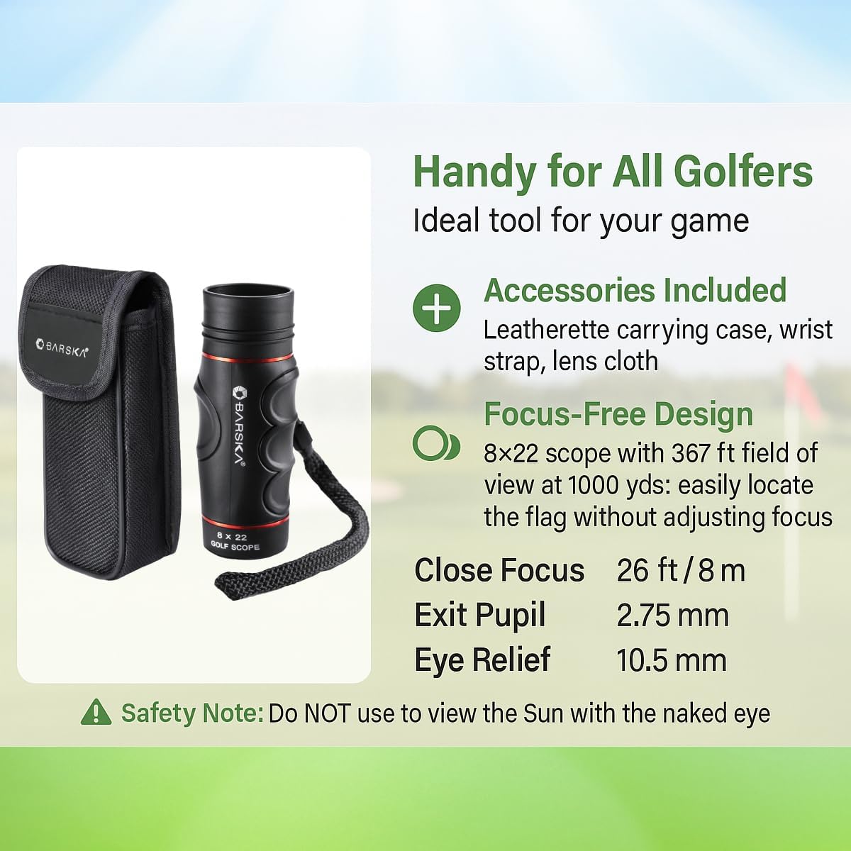 Barska Blueline 8x22 Waterproof Golf Scope Monocular with Built-in Internal Distance Reticle