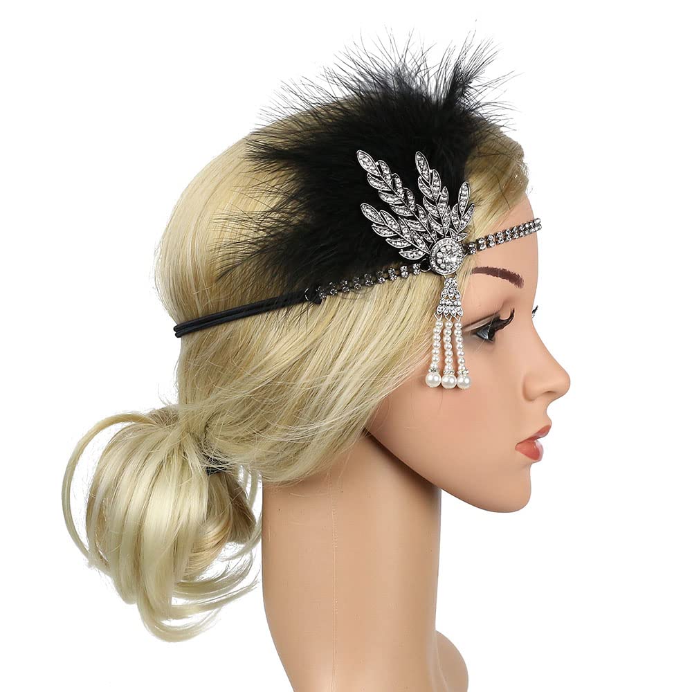 1920s Flapper Feather Headband Art Decor Gatsby Rhinestone Leaf Medallion Imitation Pearl Headpiece Hair Accessories Women (Black)