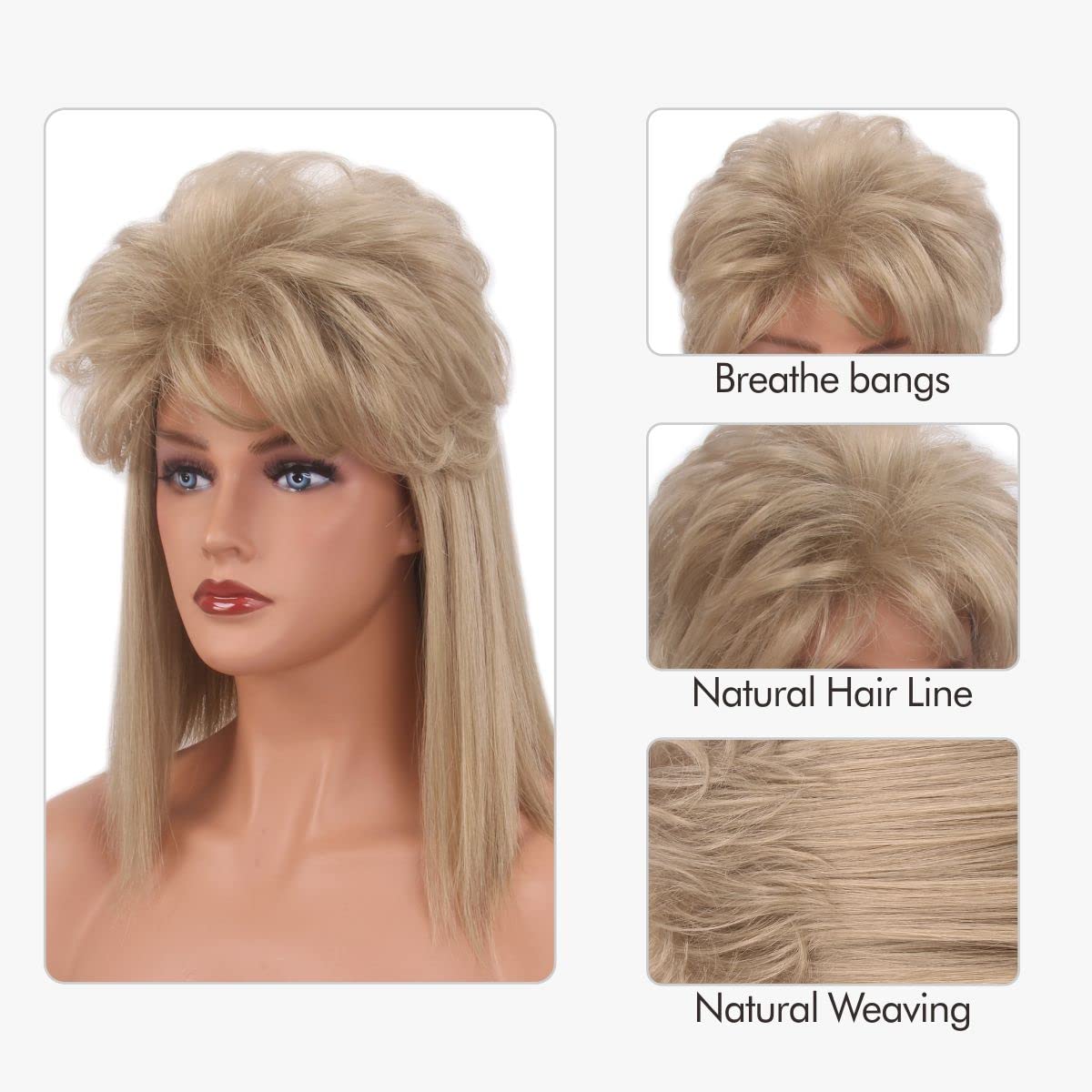 MEDISIFA 80s Blonde Wig with Bangs for Women Mullet Disco Mens Womens Wig Long Curly Women Wigs for Man Lady Ladies Hippie Rocking 80s 90sThem Party Cosplay Costume Heat Resistant Hair (Medium)