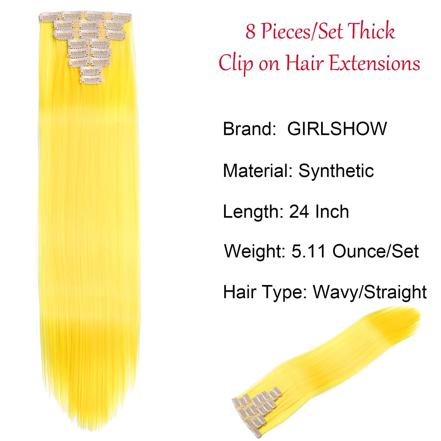 GIRLSHOW 8 Pieces Set Thick Clip in on Hair Extensions 24 Inch 5.11 Ounce Synthetic Full Head Straight Hairpieces for Women (24 Inch-Straight, Yellow)