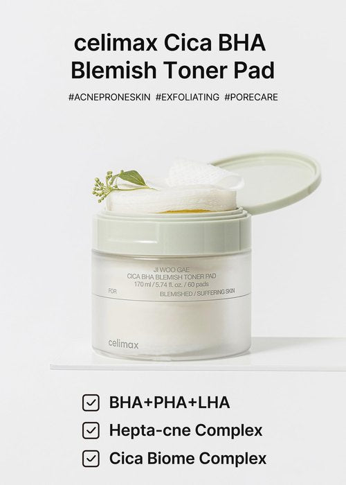 celimax Ji.Woo.Gae CICA BHA Blemish Toner Pad | BHA PHA LHA Complex, Centella Asiatica Extract, Hydrating, Moisturizing, Soothing, Reparing, (60 Pads)