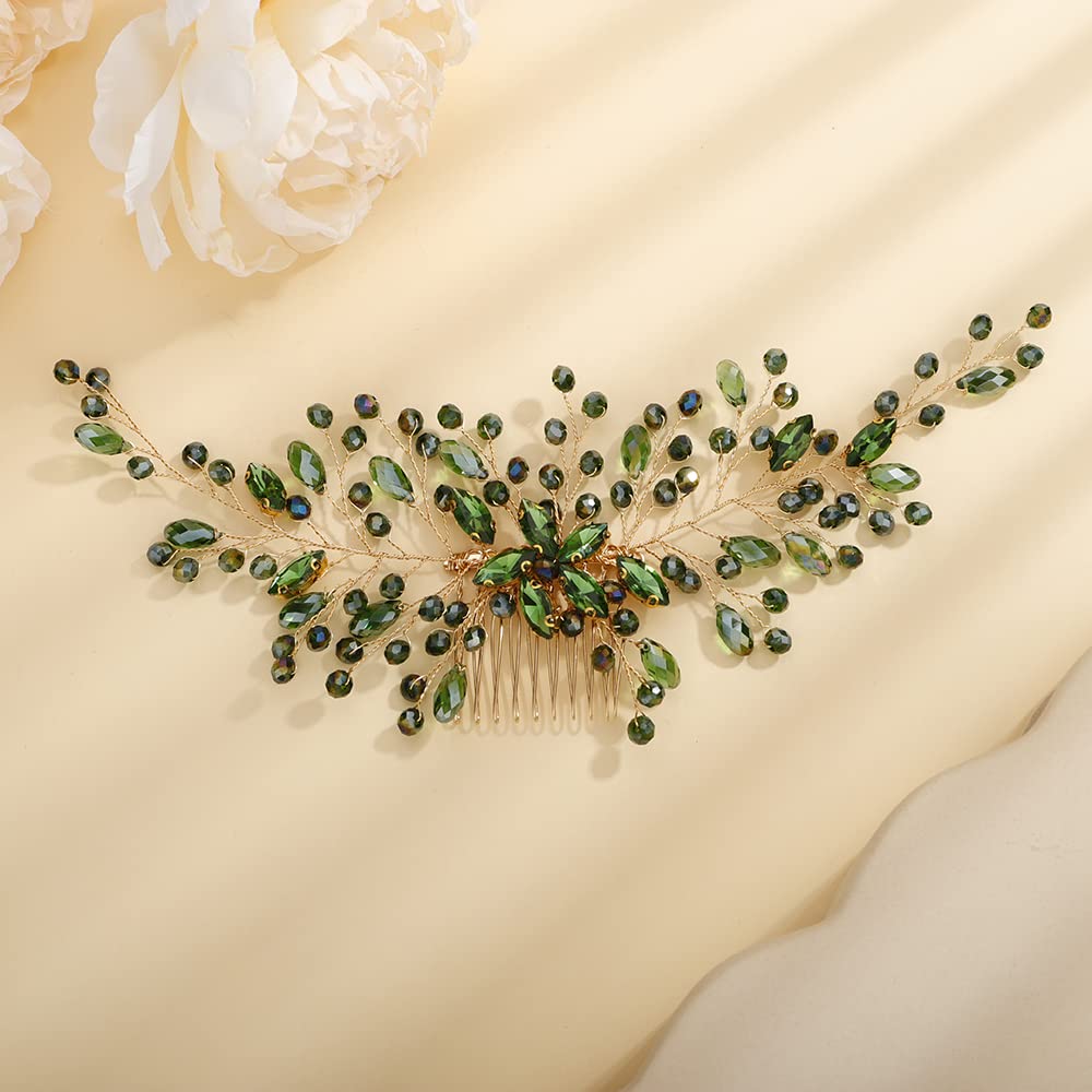 Teyglen Women Rhinestones Flower Bride Wedding Hair Comb Headband Handmade Hair Pieces Hair Accessories Shiny Crystals Bridal Side Hair Combs for Women Bride Girls (Green)