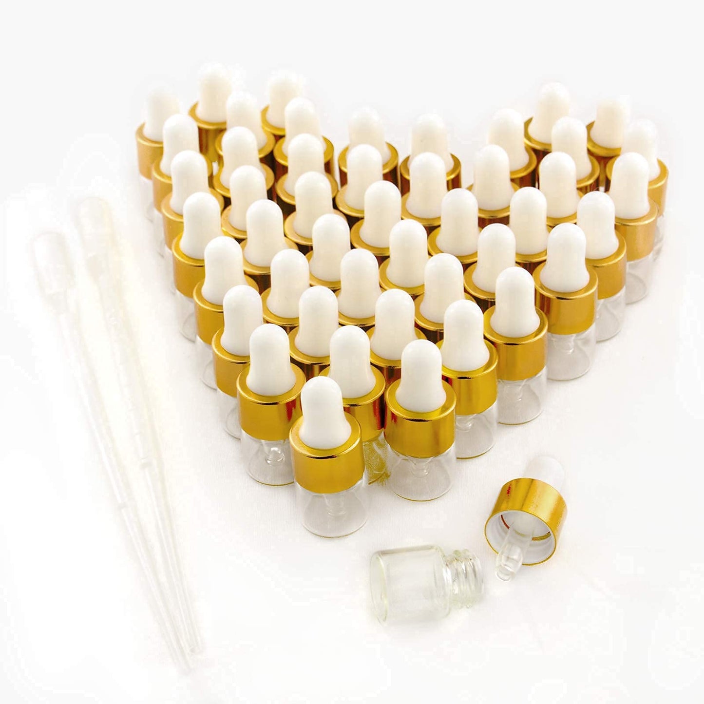 Easeen 50 Pcs Mini Dropper Bottles, 1ml Clear with 2 Pcs Plastic Droppers for Traveling Essential Oils DIY Cosmetic Liquid Sample Perfume