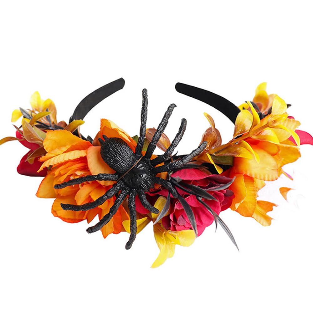 Bubbmi Mexican Orange Flower Crown Headband with Spider, Day of the Dead Headpiece, Halloween Festival Headwear, Dia De Los Muertos Hairhoop (Mexican H)